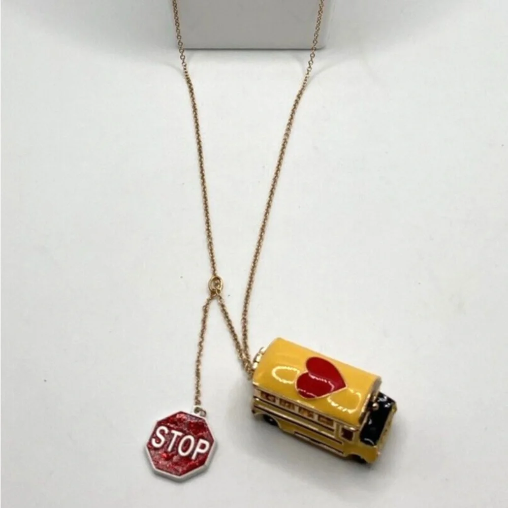 Betsey Johnson BACK TO SCHOOL Gold Tone Yellow Bus Heart Locket Long Nec… - Picture 10 of 14